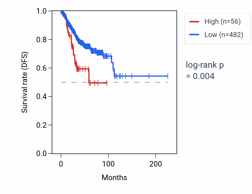 Kaplan&ndash;Meier survival curve for OR5E1P RNA expression in UCEC: high vs low expression groups.
