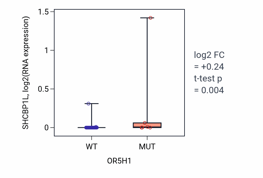 Box plot of SHCBP1L in OR5H1-low vs OR5H1-high samples in LUNG_SCLC.
