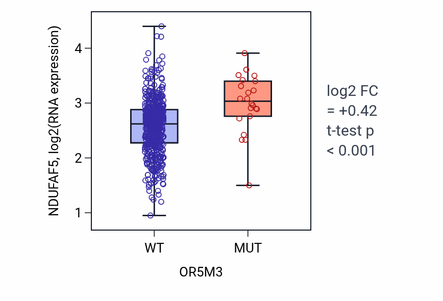 Box plot of NDUFAF5 in OR5M3-low vs OR5M3-high samples in UCEC.