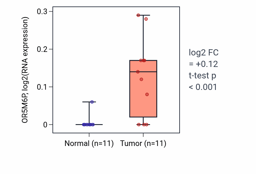 Tumor-vs-normal expression box plot for OR5M6P in HNSC.