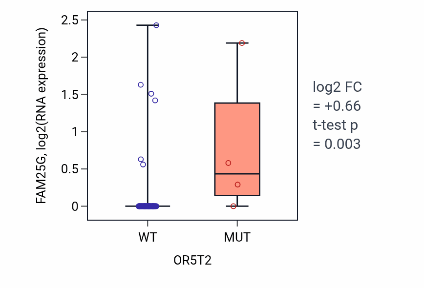 Box plot of FAM25G in OR5T2-low vs OR5T2-high samples in CNS.