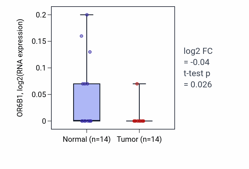Tumor-vs-normal expression box plot for OR6B1 in THCA.