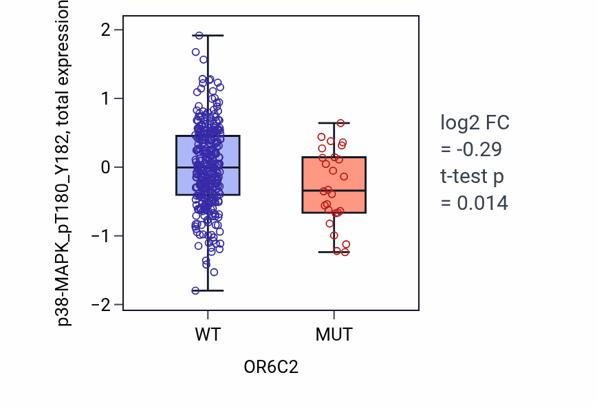 Box plot of p38-MAPK_pT180_Y182 in OR6C2-low vs OR6C2-high samples in SKCM.