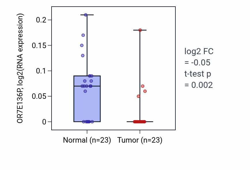 Tumor-vs-normal expression box plot for OR7E136P in THCA.