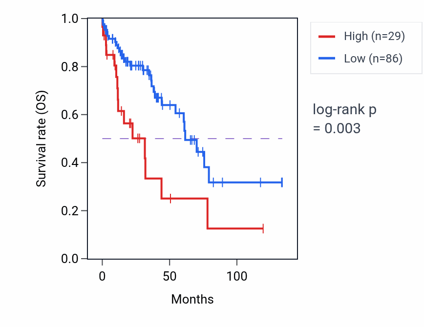 Kaplan&ndash;Meier survival curve for OR7E145P RNA expression in LUSC: high vs low expression groups.