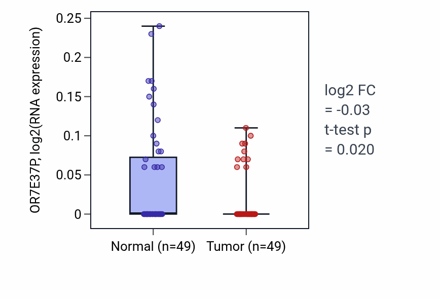 Tumor-vs-normal expression box plot for OR7E37P in LUSC.