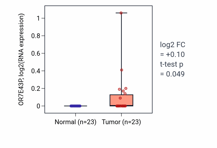 Tumor-vs-normal expression box plot for OR7E43P in UCEC.