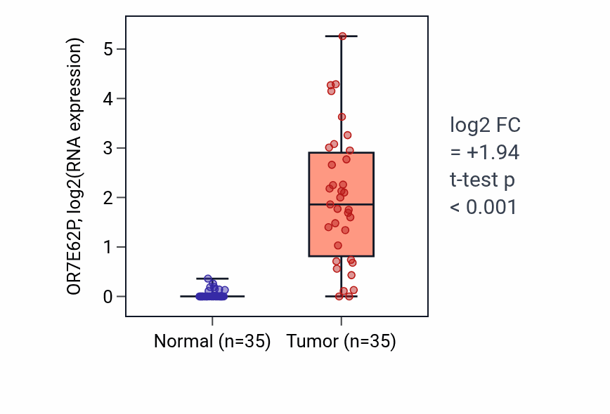 Tumor-vs-normal expression box plot for OR7E62P in LUSC.