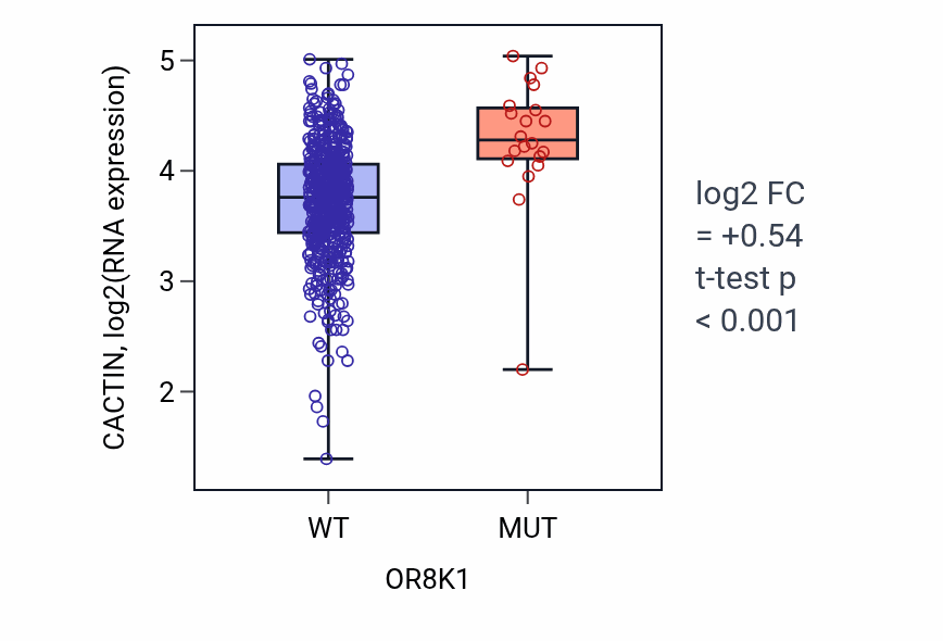 Box plot of CACTIN in OR8K1-low vs OR8K1-high samples in UCEC.