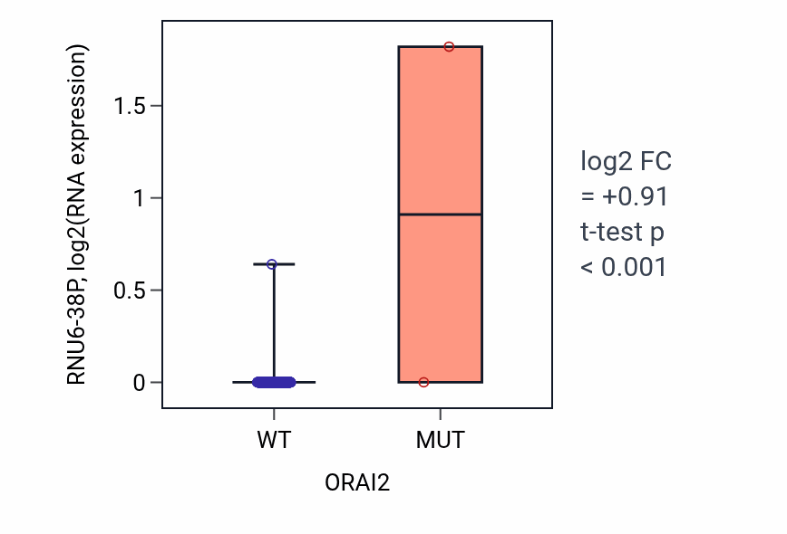 Box plot of RNU6-38P in ORAI2-low vs ORAI2-high samples in BLCA.