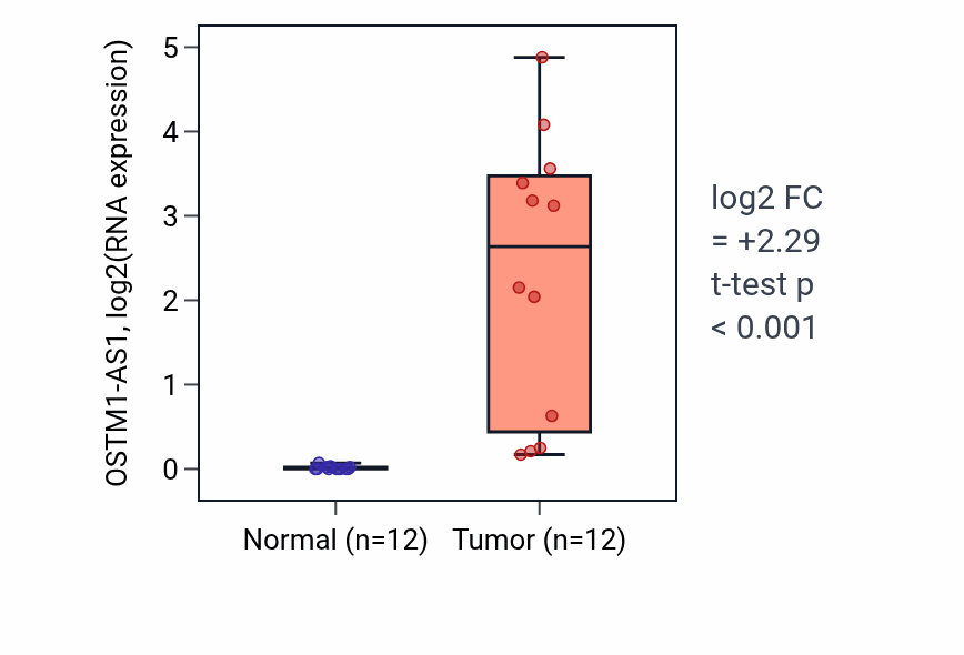 Tumor-vs-normal expression box plot for OSTM1-AS1 in KIRC.