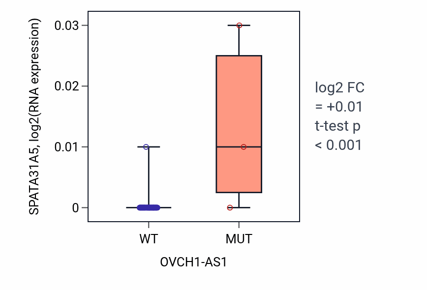 Box plot of SPATA31A5 in OVCH1-AS1-low vs OVCH1-AS1-high samples in LUNG_SCLC.