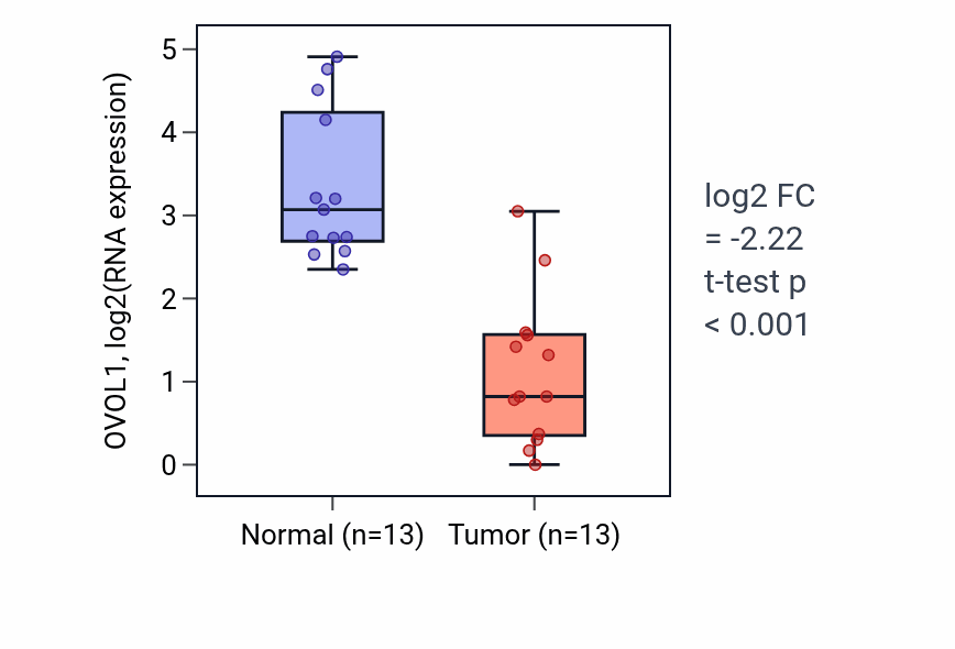 Tumor-vs-normal expression box plot for OVOL1 RNA in KIRC.