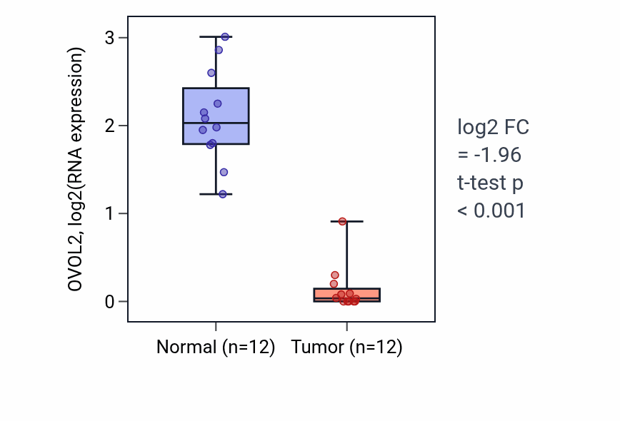 Tumor-vs-normal expression box plot for OVOL2 RNA in KIRC.