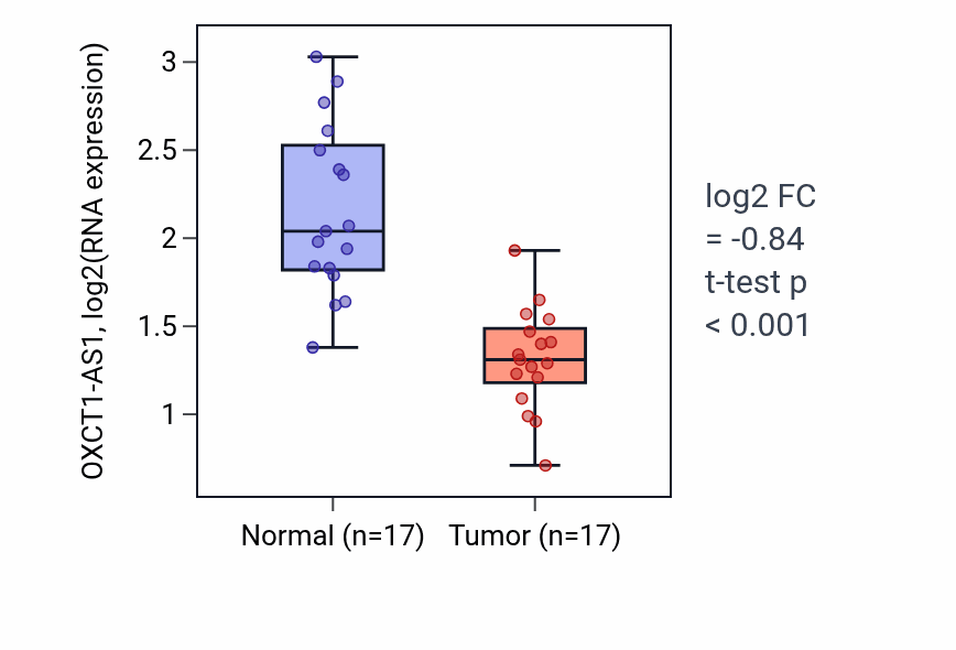 Tumor-vs-normal expression box plot for OXCT1-AS1 in THCA.
