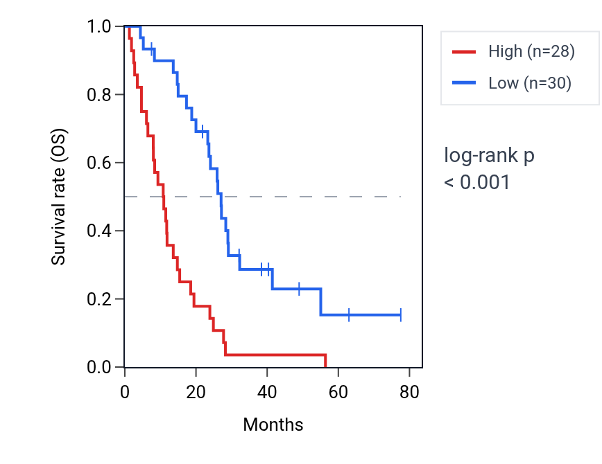 Kaplan&ndash;Meier survival curve for OXCT2 RNA expression in MESO: high vs low expression groups.