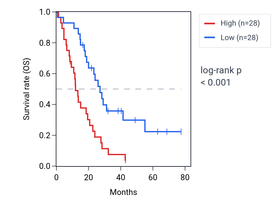 Kaplan&ndash;Meier survival curve for OXCT2P1 RNA expression in MESO: high vs low expression groups.