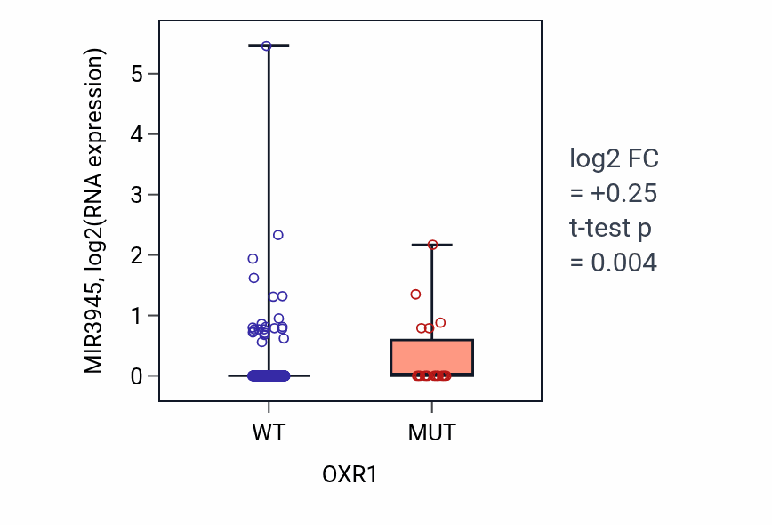 Box plot of MIR3945 in OXR1-low vs OXR1-high samples in COAD.