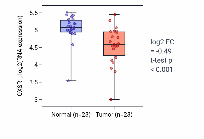 Tumor-vs-normal expression box plot for OXSR1 RNA in THCA.