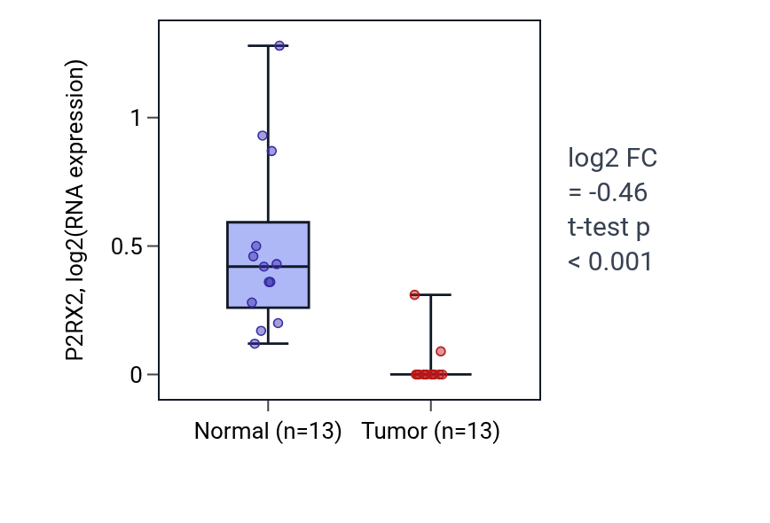 Tumor-vs-normal expression box plot for P2RX2 in KIRC.
