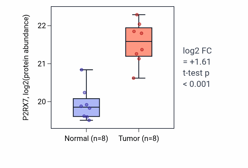Tumor-vs-normal mass-spec protein box plot for P2RX7 in CCRCC.