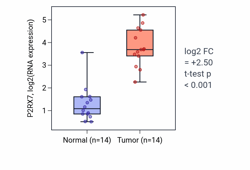 Tumor-vs-normal expression box plot for P2RX7 RNA in KIRC.