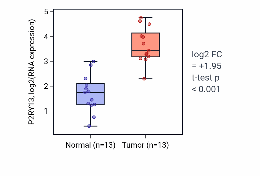 Tumor-vs-normal expression box plot for P2RY13 RNA in KIRC.