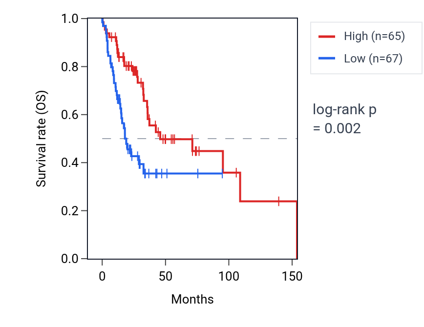 Kaplan&ndash;Meier survival curve for P2RY4 RNA expression in HNSC: high vs low expression groups.