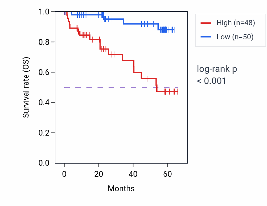 Kaplan&ndash;Meier survival curve for P4HA2 mass-spec protein-high vs -low samples in CCRCC.