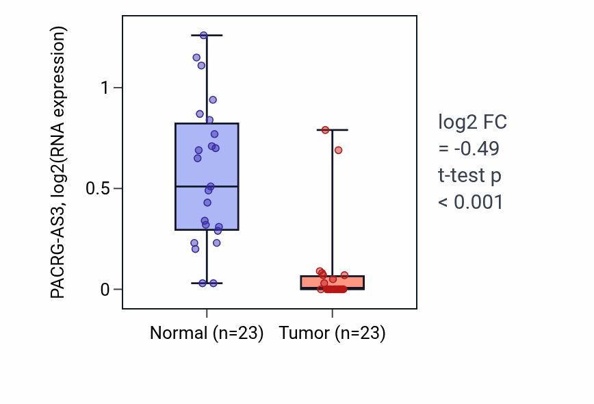Tumor-vs-normal expression box plot for PACRG-AS3 in LUAD.