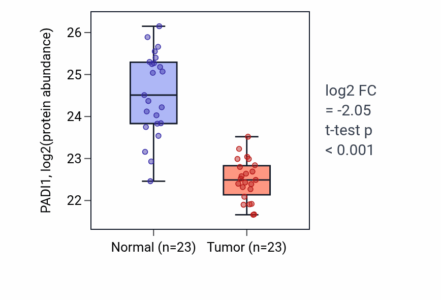 Tumor-vs-normal mass-spec protein box plot for PADI1 in HNSC.