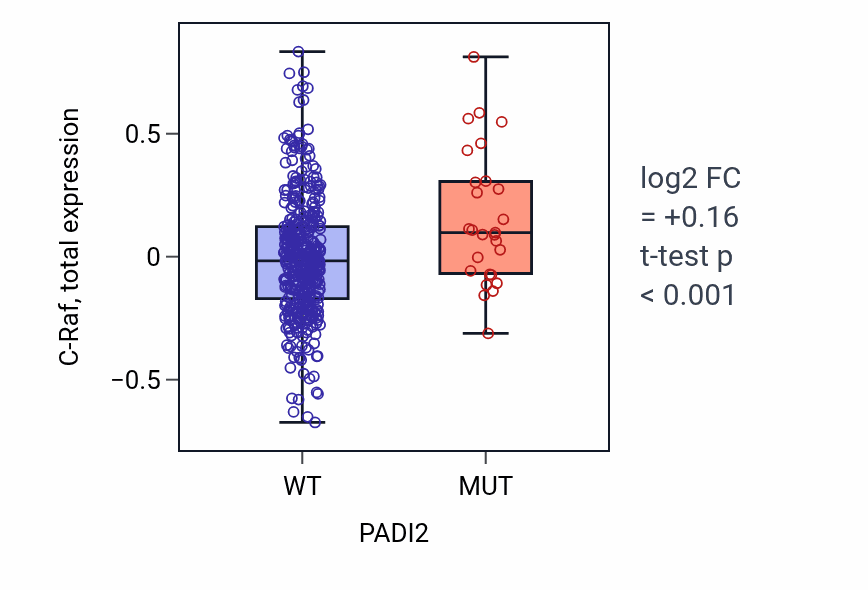 Box plot of C-Raf in PADI2-low vs PADI2-high samples in UCEC.
