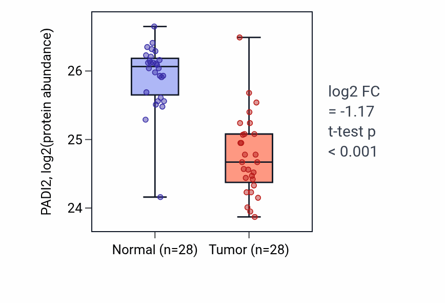 Tumor-vs-normal mass-spec protein box plot for PADI2 in COAD.