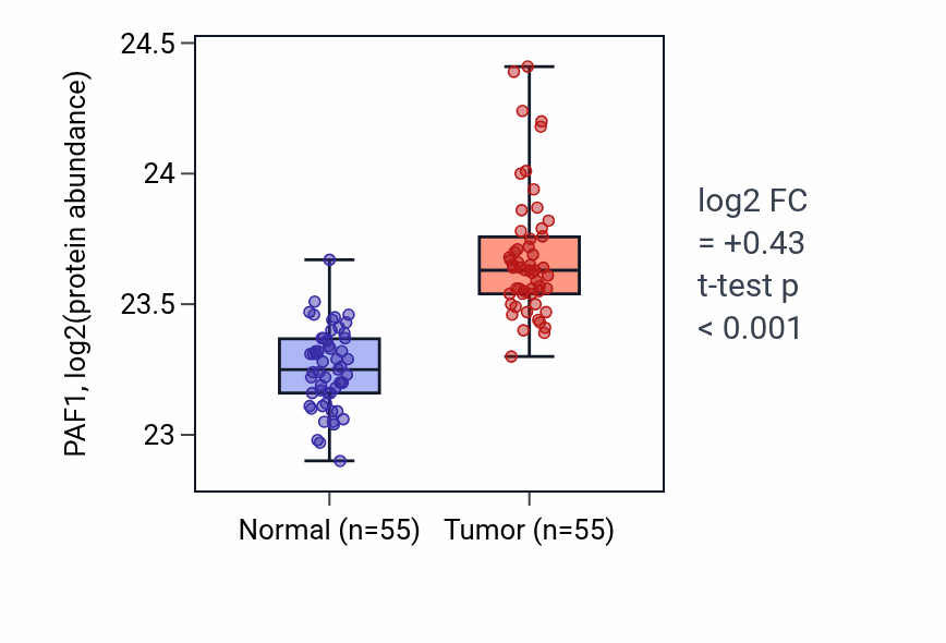 Tumor-vs-normal mass-spec protein box plot for PAF1 in COAD.