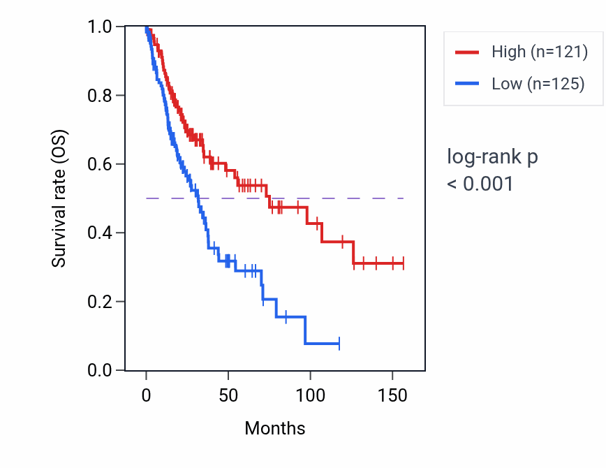 Kaplan&ndash;Meier survival curve for PAGE5 RNA expression in LUSC: high vs low expression groups.