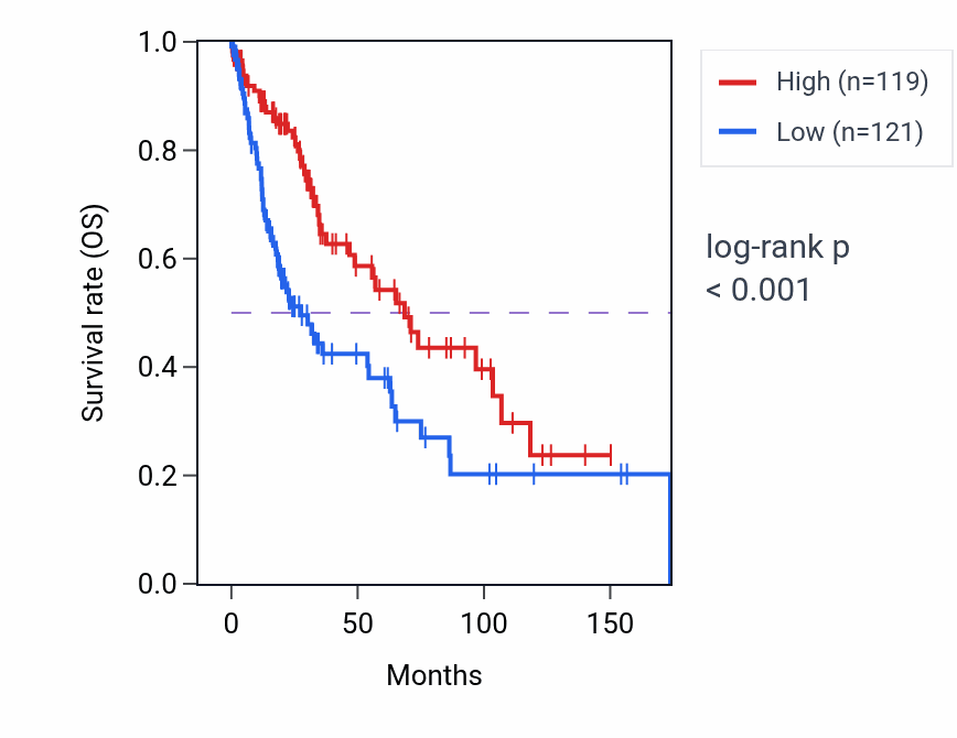 Kaplan&ndash;Meier survival curve for PAICSP4 RNA expression in LUSC: high vs low expression groups.