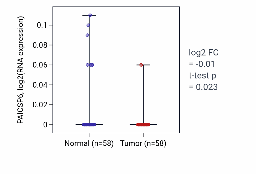 Tumor-vs-normal expression box plot for PAICSP6 in THCA.