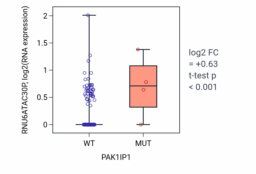 Box plot of RNU6ATAC30P in PAK1IP1-low vs PAK1IP1-high samples in BLCA.
