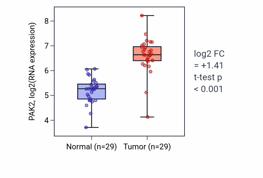 Tumor-vs-normal expression box plot for PAK2 RNA in HNSC.