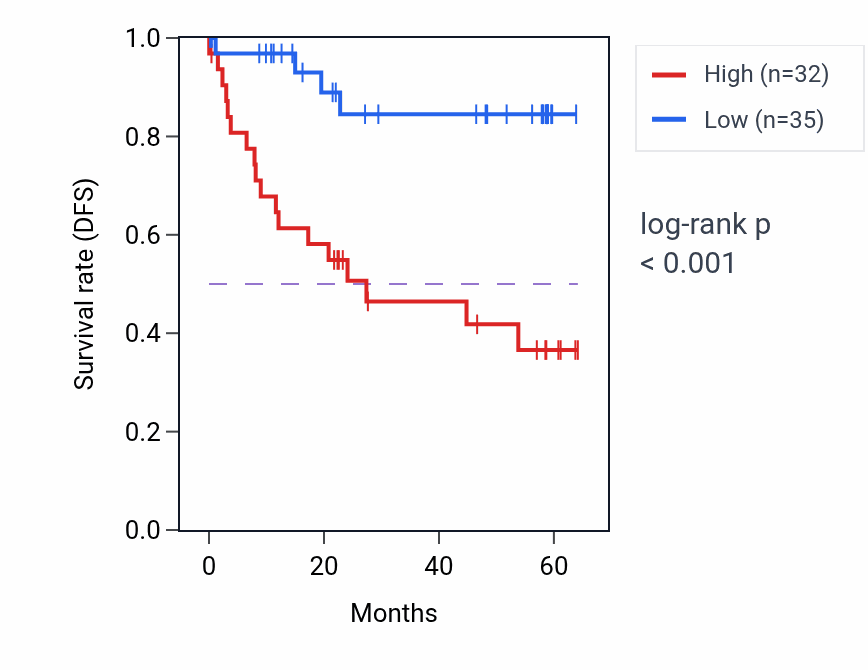 Kaplan&ndash;Meier survival curve for PAK2 mass-spec protein-high vs -low samples in CCRCC.