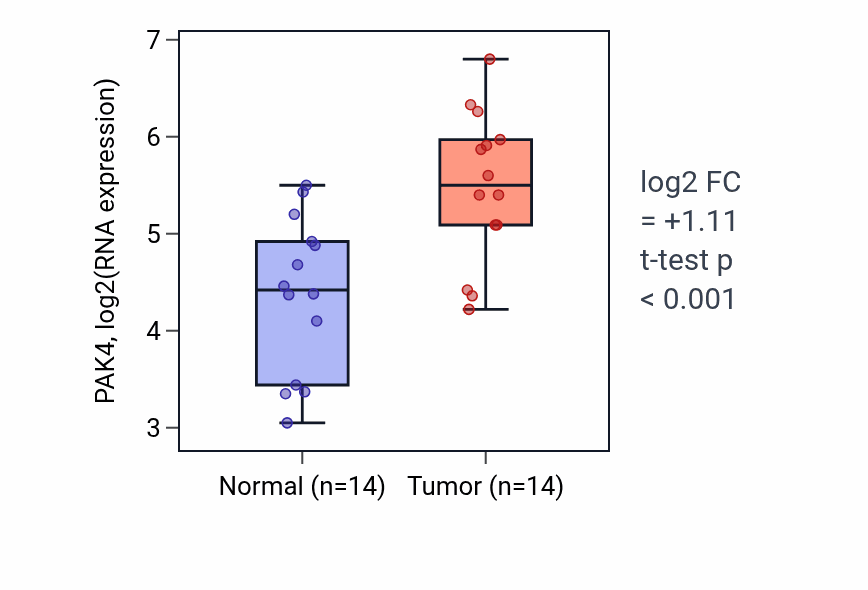 Tumor-vs-normal expression box plot for PAK4 RNA in BLCA.