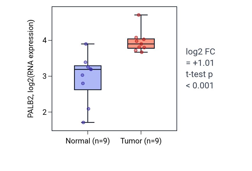 Tumor-vs-normal expression box plot for PALB2 in HNSC.