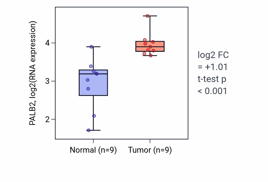 Tumor-vs-normal expression box plot for PALB2 RNA in HNSC.
