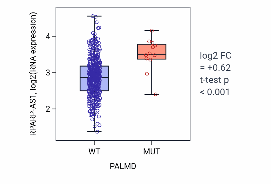 Box plot of RPARP-AS1 in PALMD-low vs PALMD-high samples in COAD.