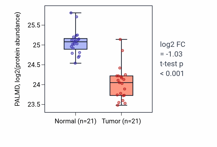 Tumor-vs-normal mass-spec protein box plot for PALMD in HNSC.