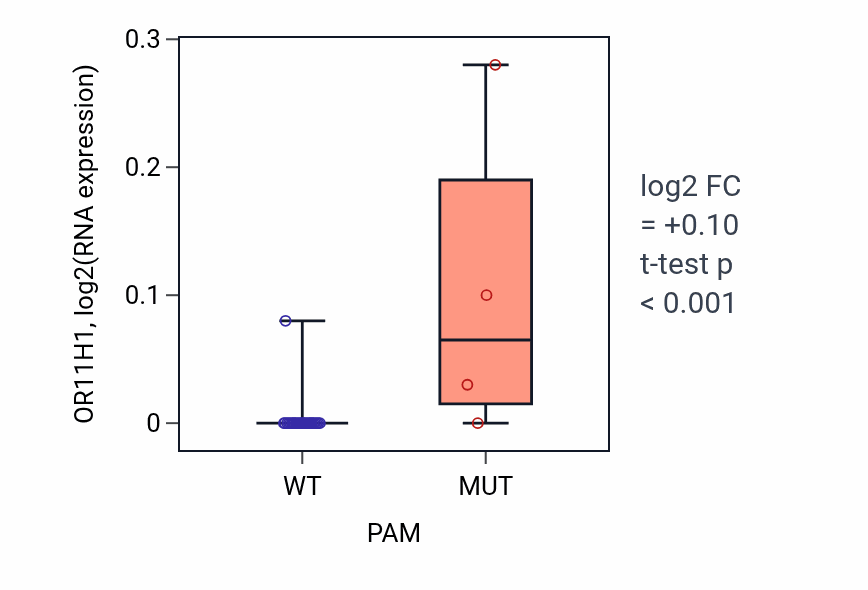 Box plot of OR11H1 in PAM-low vs PAM-high samples in BLOOD_Myeloma.