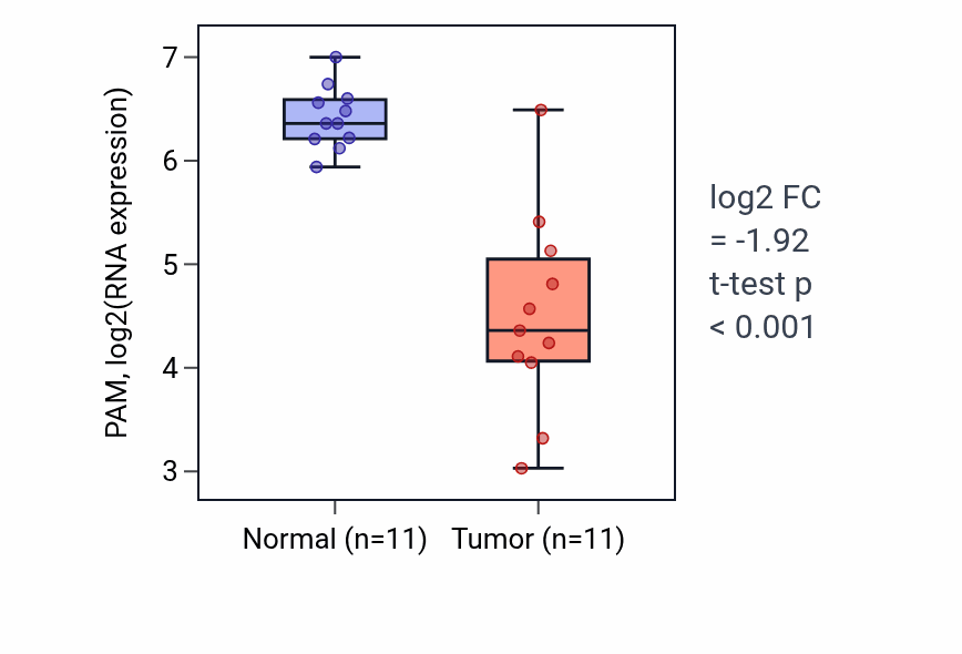 Tumor-vs-normal expression box plot for PAM RNA in KICH.