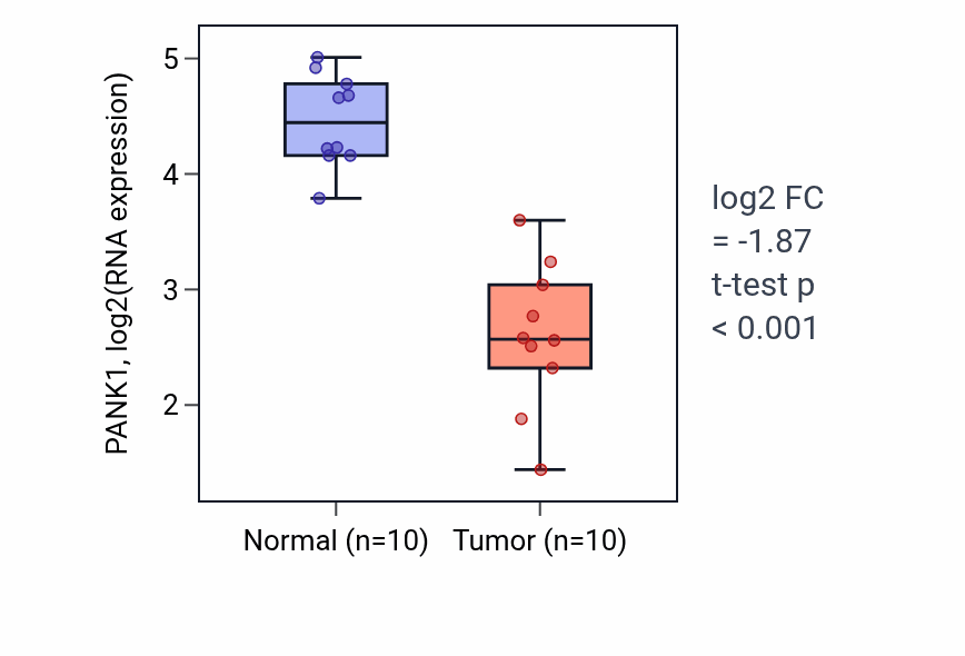 Tumor-vs-normal expression box plot for PANK1 RNA in KIRP.