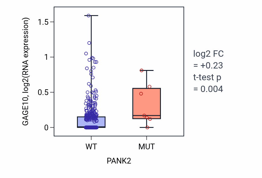 Box plot of GAGE10 in PANK2-low vs PANK2-high samples in BLCA.