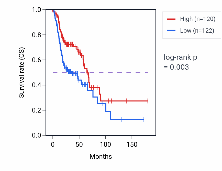 Kaplan&ndash;Meier survival curve for PAOX RNA-high vs -low samples in HNSC.